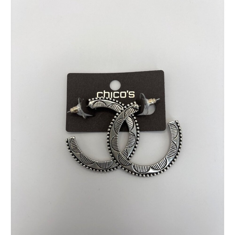 Chico's Silver Tone C Hoop Pierced Earrings Textured Etched Tribal Design NEW